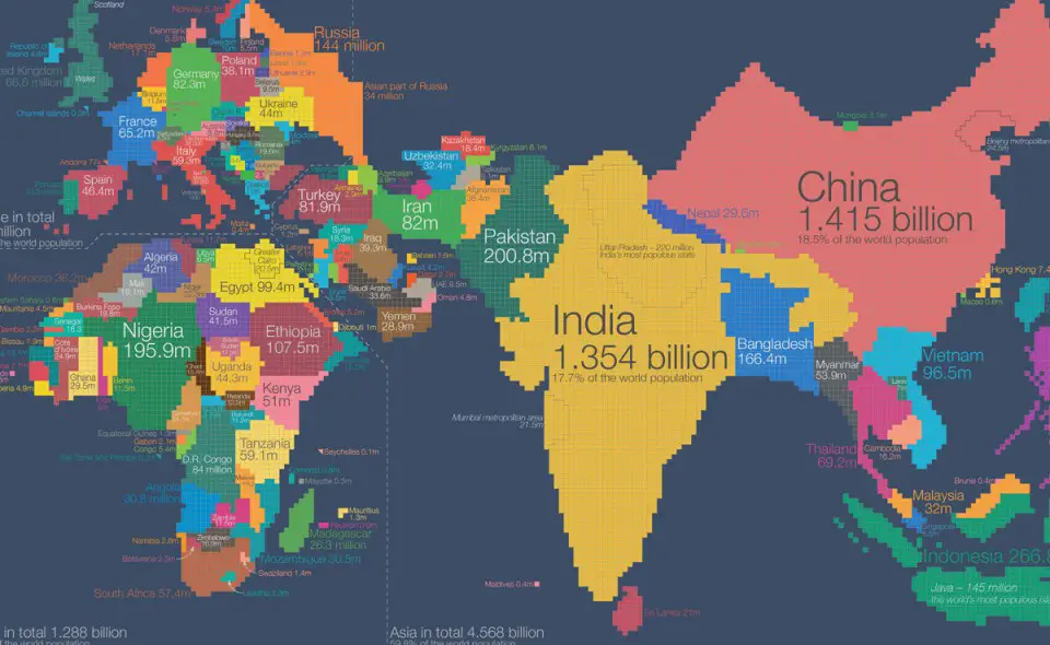 mapa do mundo com as áreas más pobladas e más vacías